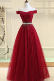 Burgundy A Line Off the Shoulder Beads Long Prom Dress GY102