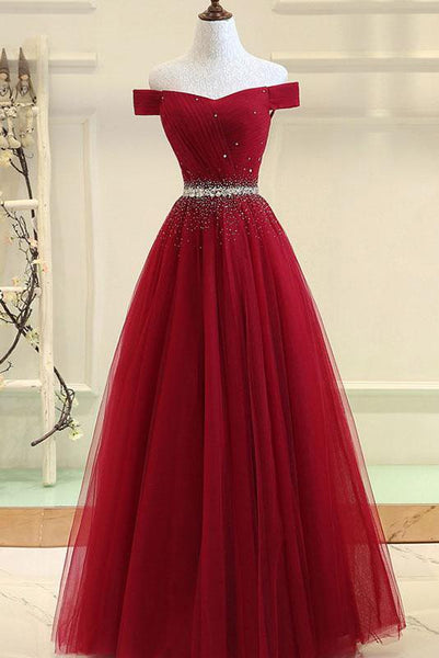 Burgundy A Line Off the Shoulder Beads Long Prom Dress GY102