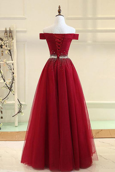 Burgundy A Line Off the Shoulder Beads Long Prom Dress