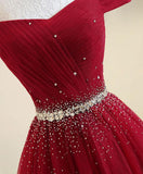 Burgundy A Line Off the Shoulder Beads Long Prom Dress
