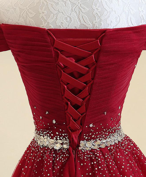 Burgundy A Line Off the Shoulder Beads Long Prom Dress