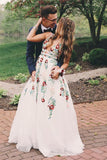 A Line V Neck Flower Appliques Prom Dresses, Long Evening Dresses GY103