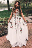 A Line V Neck Flower Appliques Prom Dresses, Long Evening Dresses