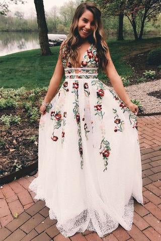 A Line V Neck Flower Appliques Prom Dresses, Long Evening Dresses