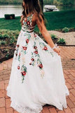 A Line V Neck Flower Appliques Prom Dresses, Long Evening Dresses