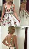 A Line V Neck Flower Appliques Prom Dresses, Long Evening Dresses