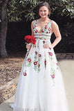 A Line V Neck Flower Appliques Prom Dresses, Long Evening Dresses