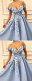 Blue Off Shoulder Flower Appliques A-line Long Modest Beautiful Prom Dresses