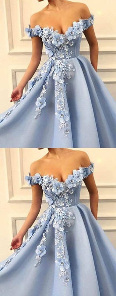 Blue Off Shoulder Flower Appliques A-line Long Modest Beautiful Prom Dresses