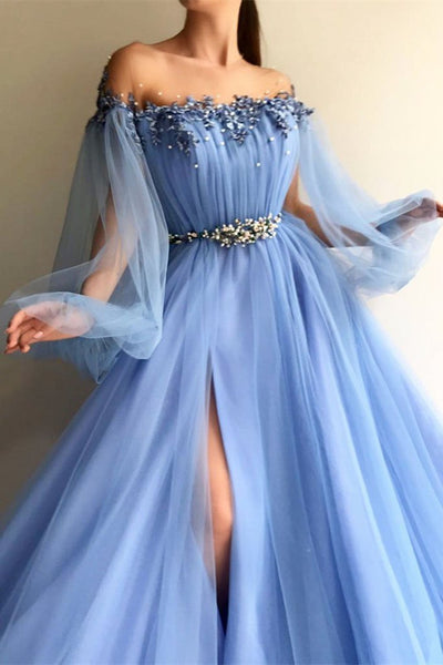 Elegant Blue Long Sleeves Off the Shoulder Beaded Crystal Side Slit Prom Dresses GY106