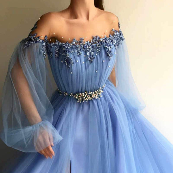 Elegant Blue Long Sleeves Off the Shoulder Beaded Crystal Side Slit Prom Dresses