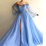 Elegant Blue Long Sleeves Off the Shoulder Beaded Crystal Side Slit Prom Dresses