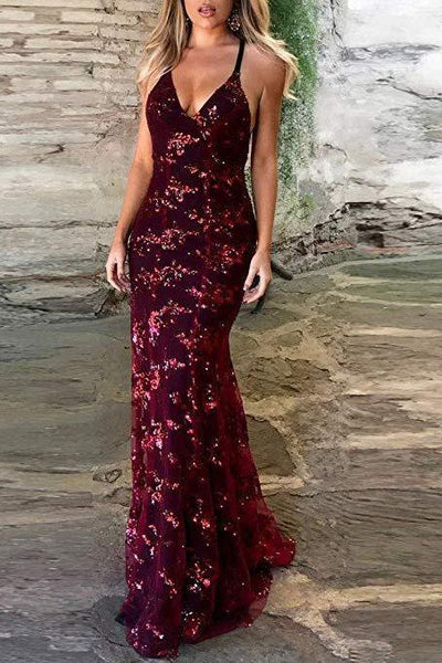 Sexy V-Neck Mermaid Sequined Lace Spaghetti Strips Backless Long Prom Dresses