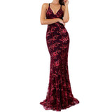 Sexy V-Neck Mermaid Sequined Lace Spaghetti Strips Backless Long Prom Dresses