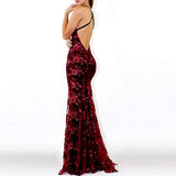 Sexy V-Neck Mermaid Sequined Lace Spaghetti Strips Backless Long Prom Dresses