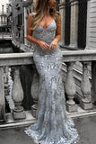 Sexy V-Neck Mermaid Sequined Lace Spaghetti Strips Backless Long Prom Dresses GY107