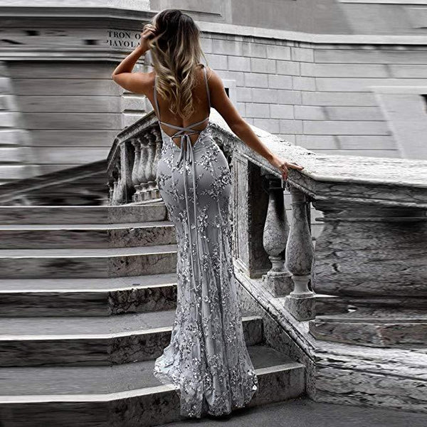 Sexy V-Neck Mermaid Sequined Lace Spaghetti Strips Backless Long Prom Dresses