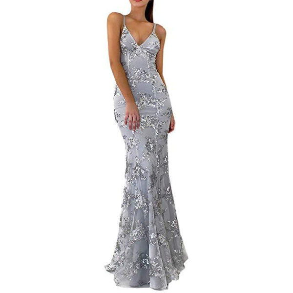 Sexy V-Neck Mermaid Sequined Lace Spaghetti Strips Backless Long Prom Dresses