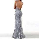 Sexy V-Neck Mermaid Sequined Lace Spaghetti Strips Backless Long Prom Dresses