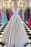 V neck Tulle Lace Long Wedding Dress,Tulle Ball Gown Prom Dress With Appliques GY109