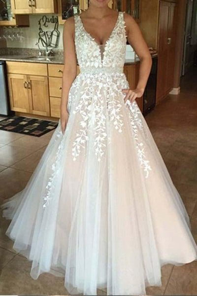 V neck Tulle Lace Long Wedding Dress,Tulle Ball Gown Prom Dress With Appliques