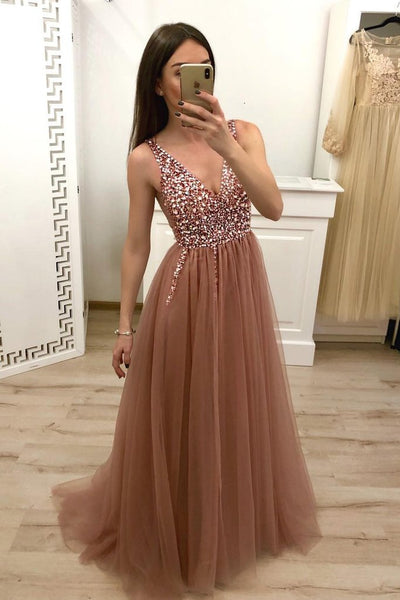 A Line V Neck Tulle Long Beaded Prom Dress, Cheap Evening Gown  GY112