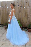 Gorgeous A Line V Neck Backless Sky Blue Tulle Long Prom Dresses