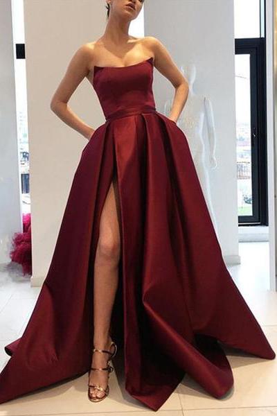 Burgundy Strapless A Line Long Satin Prom Dresses With Split  GY114