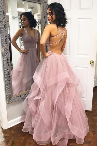 Sexy Deep V Neck Ruffles Pink Long Prom Dress with Criss Cross Back  GY115