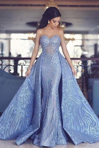 Elegant Sweetheart Mermaid Prom Dress With Detachable Train,Fashion Blue Evening Dresses  GY116