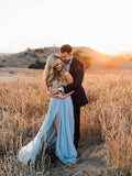Sexy Split Sky Blue Beach Simple Wedding Dresses Chiffon Long Prom Dress   GY117