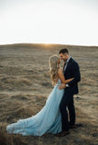 Sexy Split Sky Blue Beach Simple Wedding Dresses Chiffon Long Prom Dress