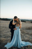 Sexy Split Sky Blue Beach Simple Wedding Dresses Chiffon Long Prom Dress