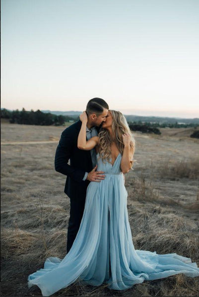 Sexy Split Sky Blue Beach Simple Wedding Dresses Chiffon Long Prom Dress