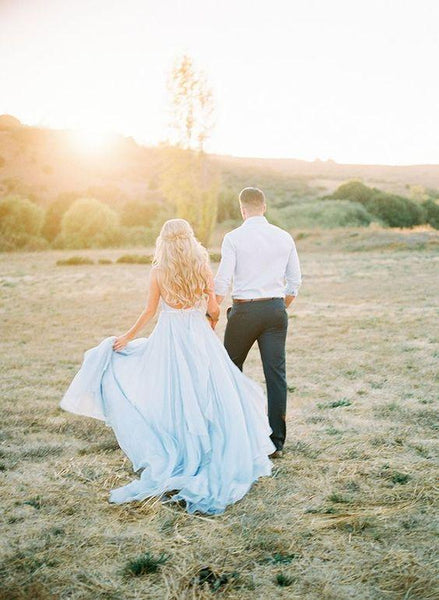 Sexy Split Sky Blue Beach Simple Wedding Dresses Chiffon Long Prom Dress