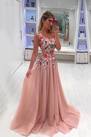 A Line Broad Straps Floral Appliqued Prom Dress, Cheap Long Tulle Evening Dresses  GY119