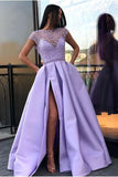 Light Purple A Line Satin Slit Cap Sleeves Prom Dresses With Pockets  GY120