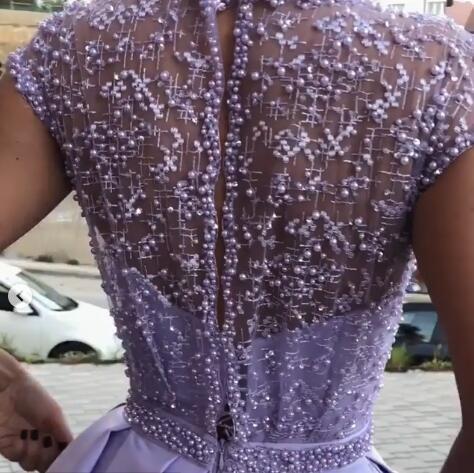 Light Purple A Line Satin Slit Cap Sleeves Prom Dresses With Pockets