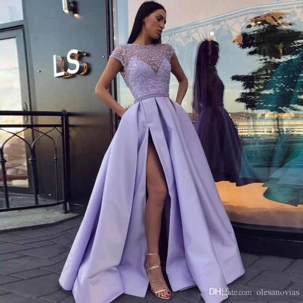 Light Purple A Line Satin Slit Cap Sleeves Prom Dresses With Pockets