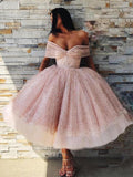 Off the Shoulder Sparkly Pink Tea Length Ball Gown Prom Dresses 