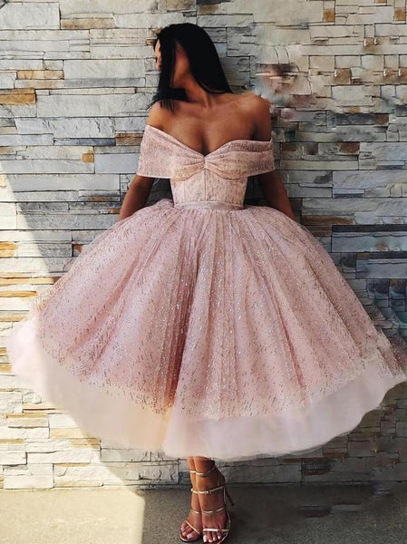 Off the Shoulder Sparkly Pink Tea Length Ball Gown Prom Dresses 