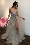 Long Backless Grey Sexy Prom Dresses with Slit Cheap Beaded Evening Gowns 