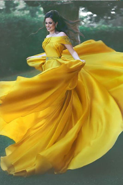 Off the Shoulder 2018 Fashion Formal Yellow Prom Dresses,Sexy Summer Evening Gowns