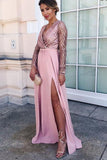 Long Sleeve A-line V-neck Floor-length Sequin Chic Long Prom Dress with Slit  GY126