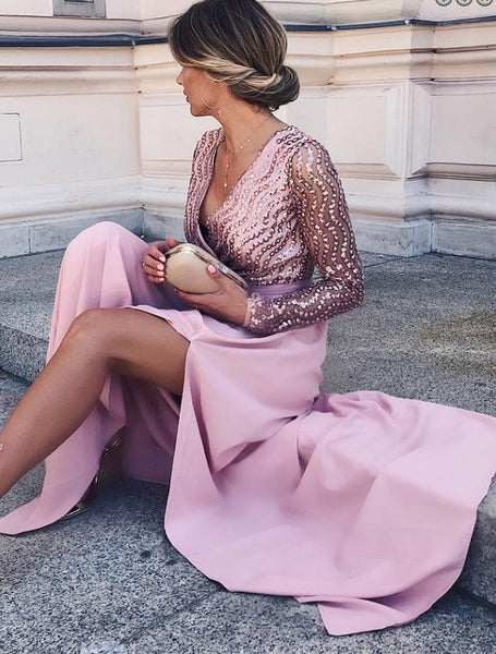 Long Sleeve A-line V-neck Floor-length Sequin Chic Long Prom Dress with Slit 