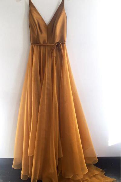 Spaghetti Strap A Line V Neck Gold Formal Cheap Long Prom Dresses GY127