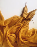 Spaghetti Strap A Line V Neck Gold Formal Cheap Long Prom Dresses