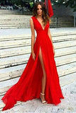 Sexy V-neck Red Split Prom Dresses,Simple Slit Sexy Party Dresses GY128