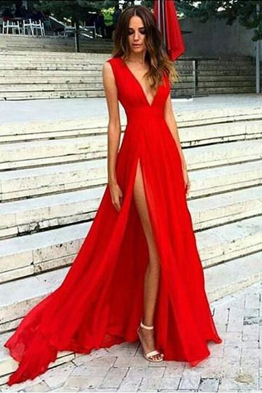 Sexy V-neck Red Split Prom Dresses,Simple Slit Sexy Party Dresses GY128