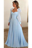 Light Blue A Line Long Chiffon Prom Dresses with Sleeves Modest Forma Evening Dress GY129